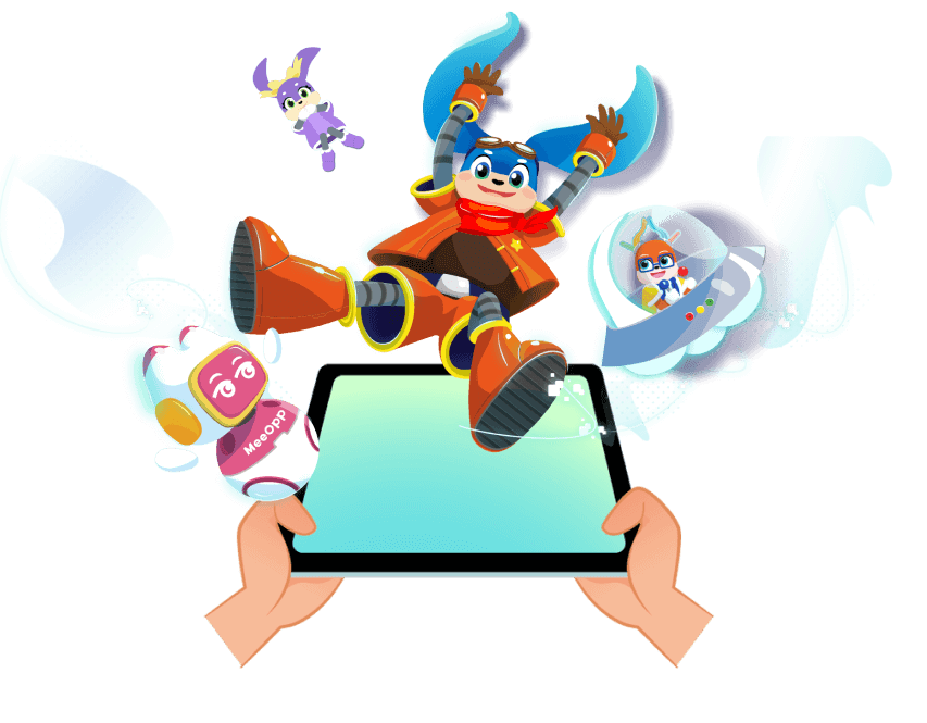 MeeOpp&rsquo;s squad of characters leaping out of a tablet held in a student&rsquo;s hands