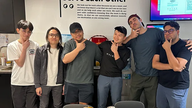 MeeOpp teammates posing with a thinking gesture in the office